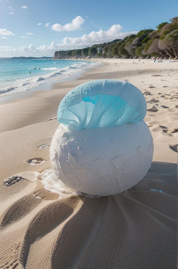 "Une plage de sable blanc immaculé bordée d'arbre de cocotiers se balançant doucement dans la brise. L'eau turquoise cristalline scintille sous le soleil éclatant, reflétant un ciel sans nuages d'un bleu profond. une très belle ile au loin