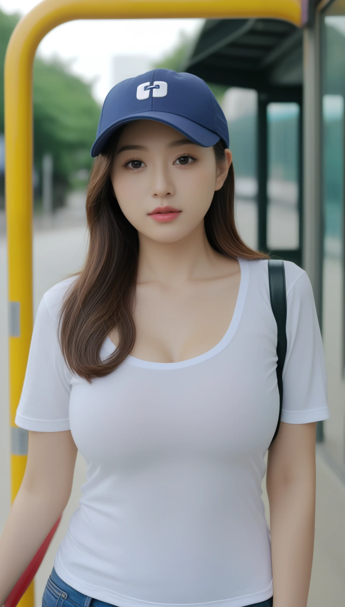 close-up of beautiful beautiful korean female, 34 inch breasts size, wearing t-shirt, cap, standing at bus stop, cinematic scene, UHD