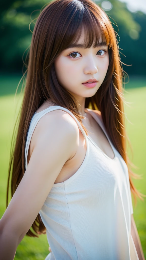 (best quality, 8k, 32k, masterpiece, UHD:1.2), ultra high resolution, (pretty a Korean early teen girl), portrait, semi long brown hair, bangs