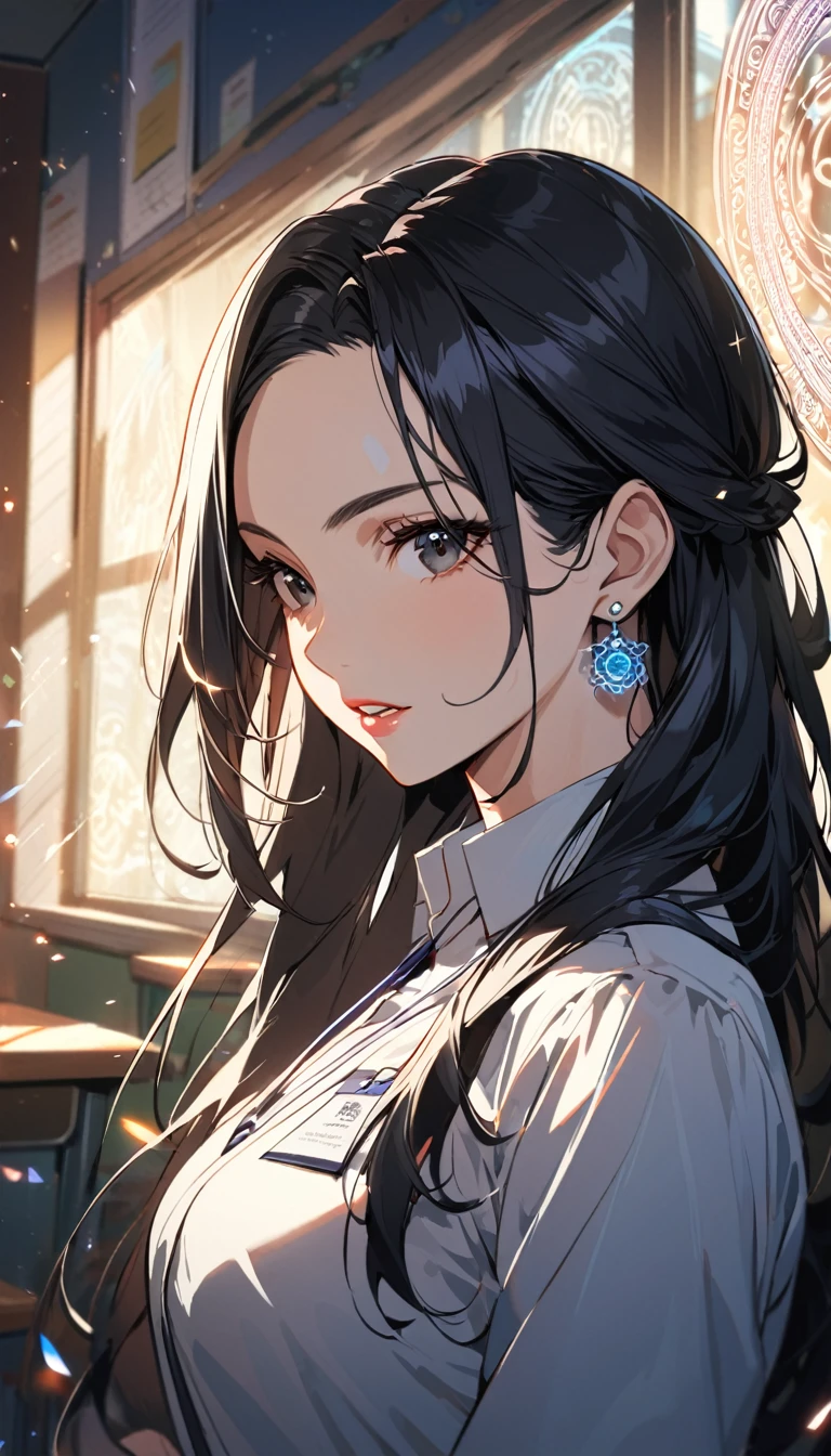 1woman,matured face,curtain hair forehead(long black hair),eyes,black eyes,teacher,teacher outfit, beautiful, colourful classroom background,standing attentive pose, neutral,stoic,wearing an ID card,earrings,juicy full lips,magic circle in the background, portrait , cinematic lighting,