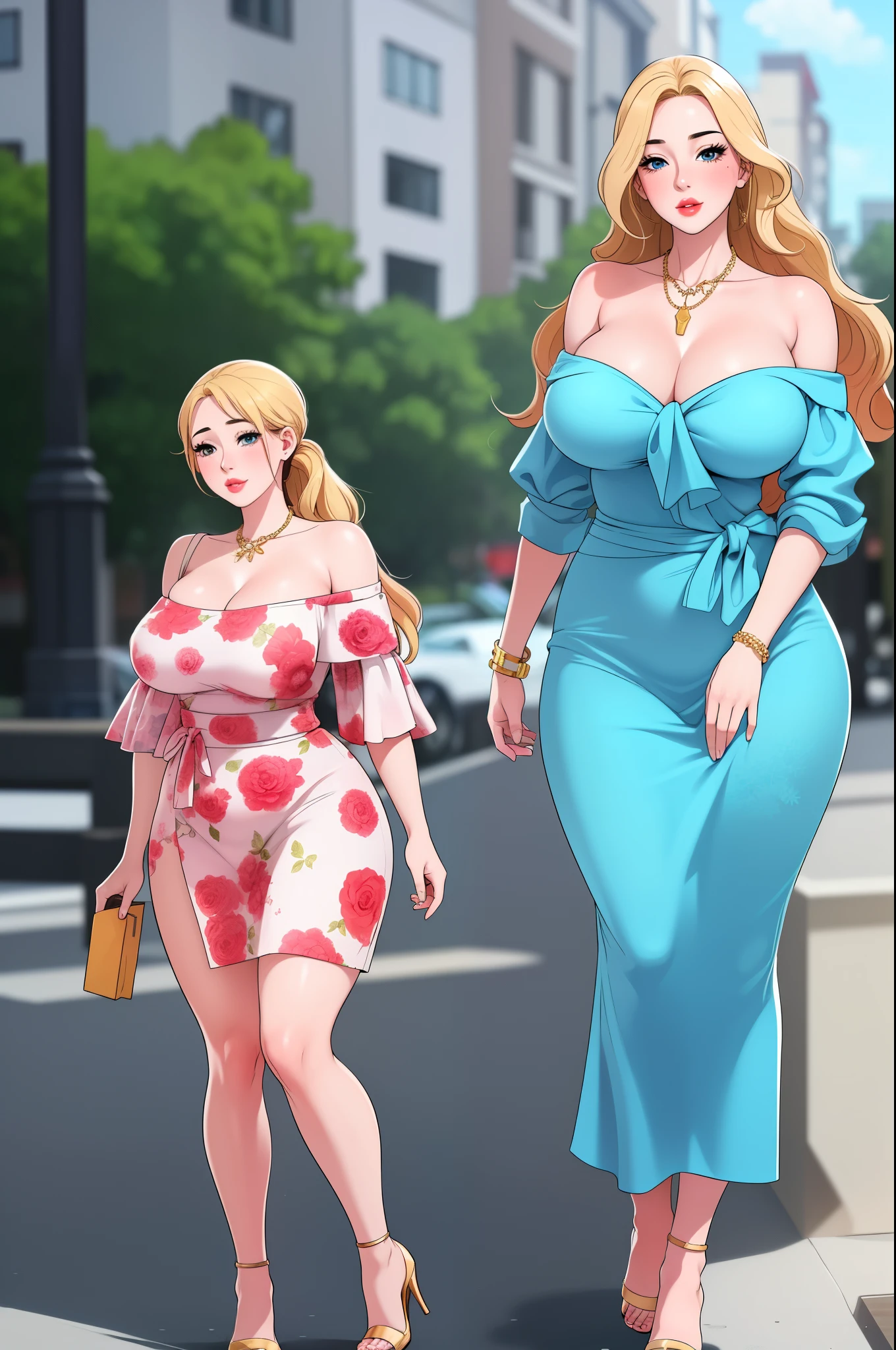 An extremely beautiful stunning woman with a perfect busty body, gold blonde long silky hair, big blue eyes, extremely super bright snow white fair stunning flawless glowing lush shiny flawless white skin, a perfect tight hourglass figure, and a skinny waist, sexy thick smooth luscious legs and thighs, extremely cute smile on the face, bright pink blushes on cheeks, wearing a short revealing sky-blue floral dress along with a pink sash around the waist and a brown off-shoulder sweater, yellow heels, gold necklace on the neck, gold anklets on feet, gold chain on the waist, standing straight, holding a red roses bouquet, street in the background, show full body from head to feet.
