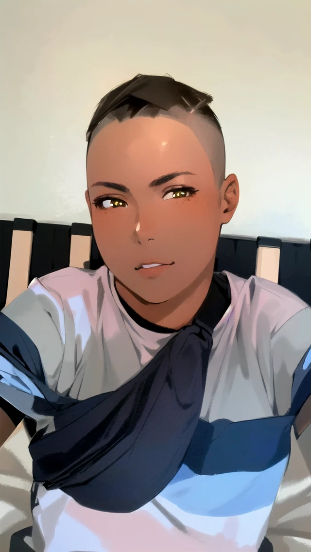 solo, best quality, masterpiece, extremely detailed CG, extremely detailed 8K wallpaper, extremely detailed character, (an extremely delicate and beautiful portrait), portrait, solo, sharp focus, dark skinned tomboy girl with (((sides shaved))) head, black hair, yellow eyes, detailed close-up portrait, head rest pose