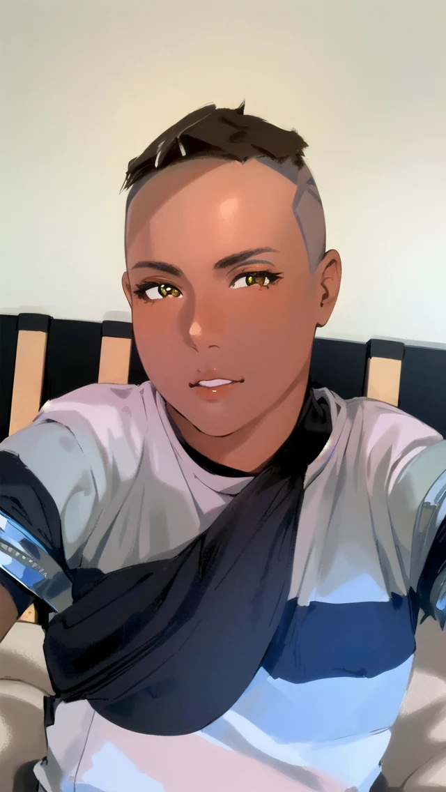 solo, best quality, masterpiece, extremely detailed CG, extremely detailed 8K wallpaper, extremely detailed character, (an extremely delicate and beautiful portrait), portrait, solo, sharp focus, dark skinned tomboy girl with (((sides shaved))) head, black hair, yellow eyes, detailed close-up portrait, head rest pose