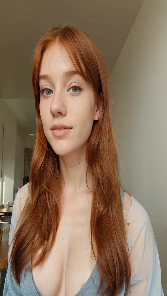 Casual photo of a 19-year-old redhead with Aquamarine eyes , eating a healthy breakfast, dressed in half-uncovered blue pajamas, at a table with her father Of Brown hair sitting on the other side of the table, in a suit