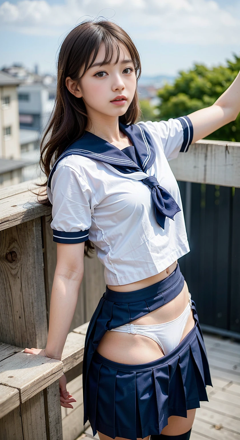 (best quality, 8k, 32K, table top, nffsw:1.2), (original photo), (realistic), (realistic:1.2), (high resolution), giant file size, very detailed, very beautiful face & eye, 1 girl, (~to, 14 years old:1.2), junior, round small face, thin waist, giant, slender proportions, (Japanese sailor suit, sailor fuku, angel, Japanese school sailor uniform, darkblue pleated skirt:1.27), (밑to서부터, white thong, groin:1.24、the wind turns the skirt、Panties and butt exposed), Rooftops of the City of Dawn,