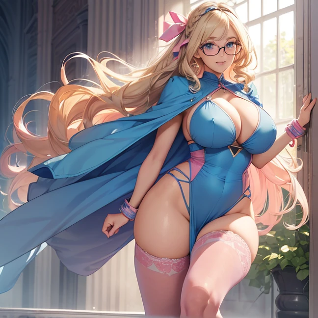 Master piece, best high quality image, carefully detailed details and textures, alone character, full character view
{{(1character: 30 years old blonde haired danish human girl noble: (fair skin, blonde long curly hair, beautiful light-blue eyes, beautiful face, sharp eyebrows, voluptuous figure, big breasts, beautiful legs, lovely smile, friendly demeanor, walking relaxed), (left hair pink ribbon, blue round glasses, blue and pink medium dress, pink wristbands, blue pantyhoses), (european university hall))}}