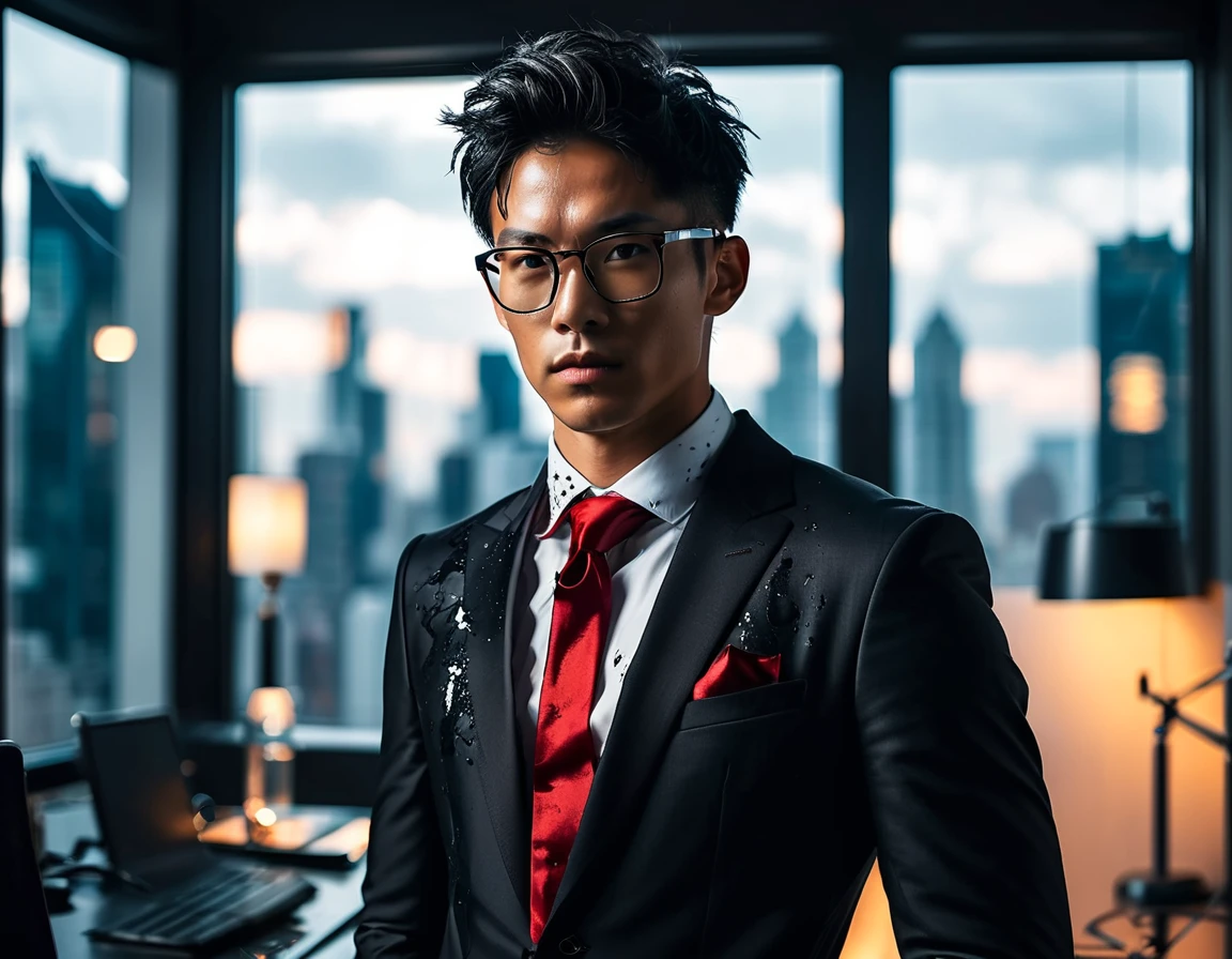 Photorealistic, dark vibes, solo, young man, Asian, 26 years, model (short obsidian black messy hair:1.5), (blood red tie:1.5), (all black suit:1.4), black glasses, CEO, dark lighting, foreboding, standing in luxury office, city background from window