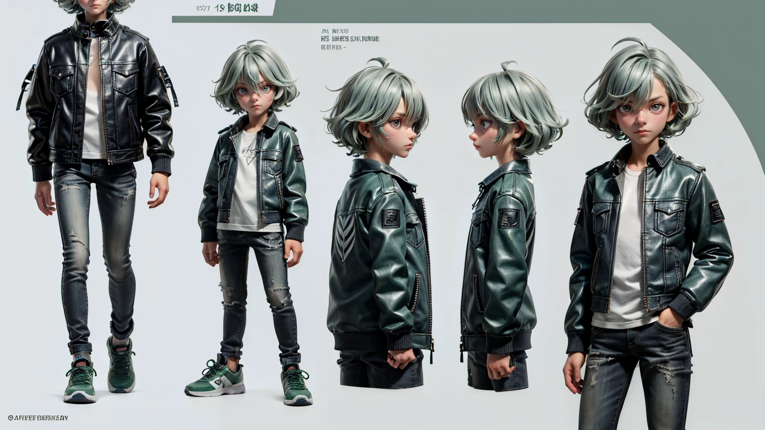 cute face boy, cute face, short height boy, wearing grey  leather jacket shirt and pent , full standing pose, Twist Out light green hairs, sports shoes, Character Sheet, 12 yo student, Full body, Simple white background, front pose character reference sheet, Concept art, design sheet