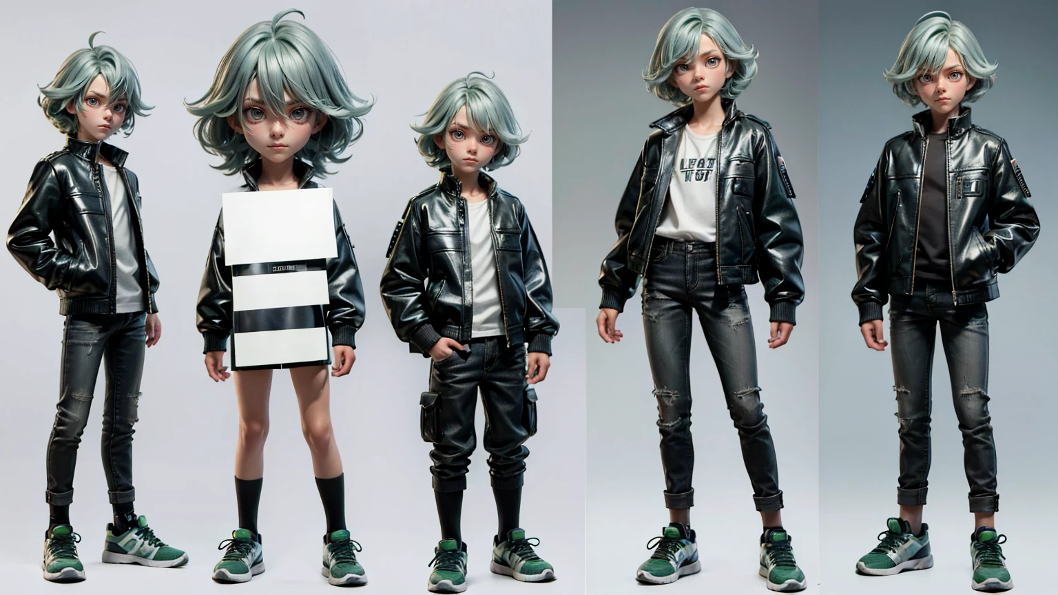 cute face boy, cute face, short height boy, wearing grey  leather jacket shirt and pent , full standing pose, Twist Out light green hairs, sports shoes, Character Sheet, 12 yo student, Full body, Simple white background, front pose character reference sheet, Concept art, design sheet