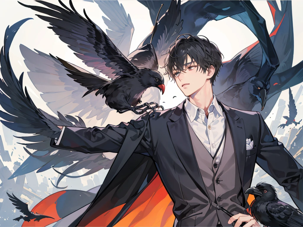 1 boy,((alone)),adult ,suit、Man and Crow
