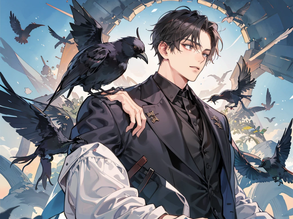 1 boy,((alone)),adult ,suit、Man and Crow
