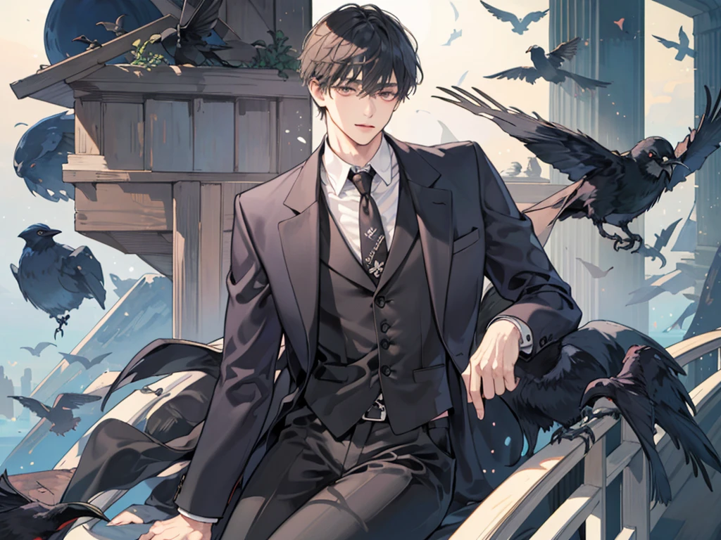 1 boy，((alone)),adult ，suit、Man and Crow
