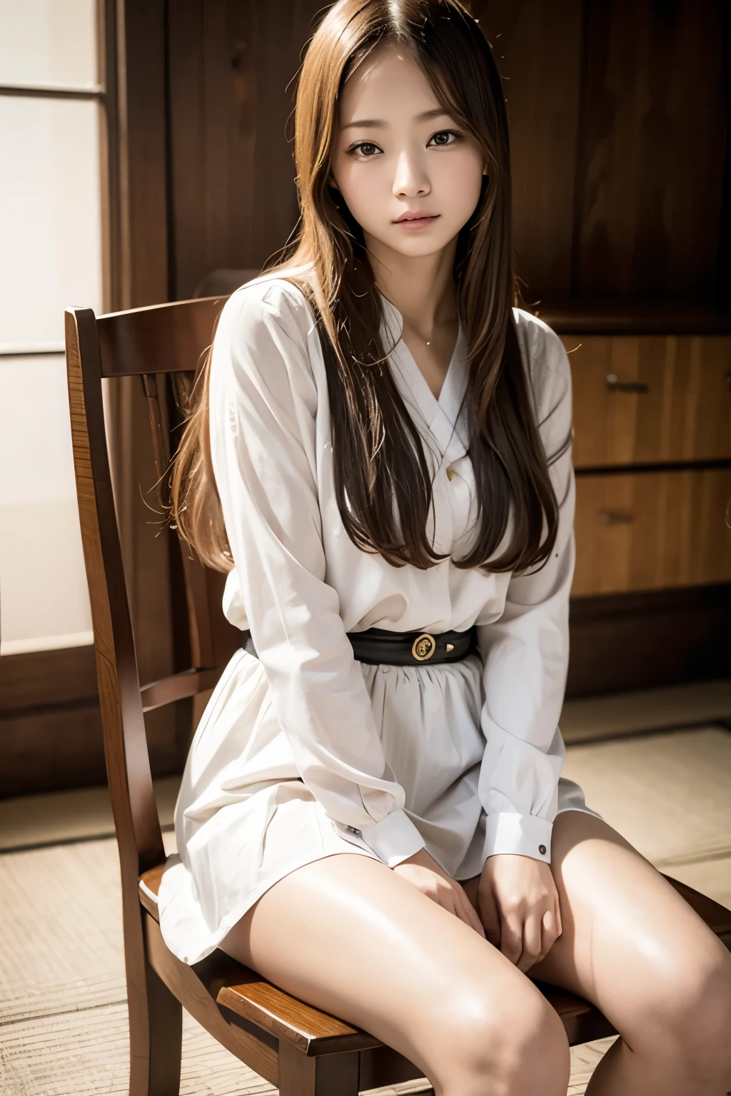 ((software: 1.4)), ((software, (Chair) , (Sitting) , (v Arms) , blouse, 1 girl)), Ultra-high resolution, (Realistic: 1.4), RAW Photos, Highest quality, (PhotoRealistic Stick), concentrated, Soft Light, ((15 years old)), ((Japanese)), (( (Young Face))), (surface), (Depth of written boundary), masterpiece, (Realistic), woman, bangs, ((1 girl))