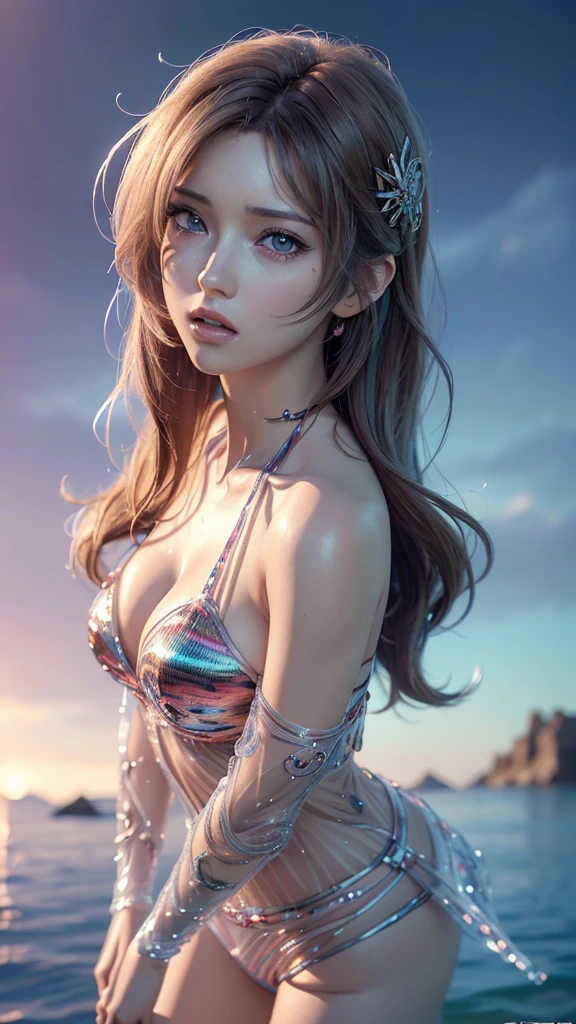 (Masterpiece: 1.3), (8K, Photorealistic, 3D cartoon, Top image quality: 1.4), Female, (Big head: 1.2), Wearing bikini and transparent dress, (Detailed: 1.4), (Extremely detailed 3D character), Large eyes, Colorful hair, (3D model with high resolution textures), (Realistic rendering with cartoon style), (Extremely detailed face and body features), (Lively and vibrant colors), (Accurate shading and lighting), (Attractive and eye-catching), (Anime-inspired design), (CG animation with high