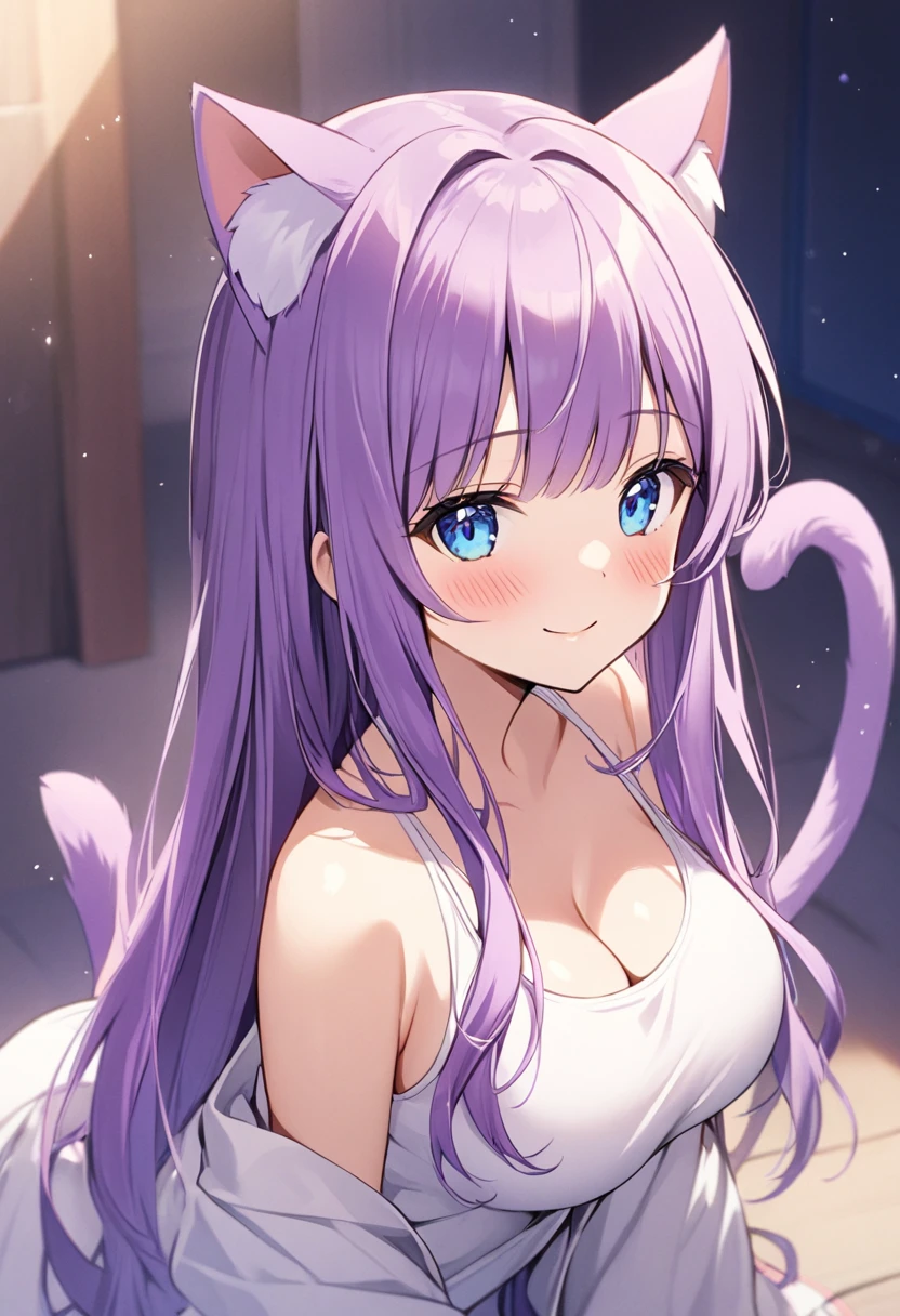 1girl, Blue eyes, Long Hair, Bangs, Purple Hair, Breasts, Smile, Blush, Light Smile, cat ears, purple cat tail