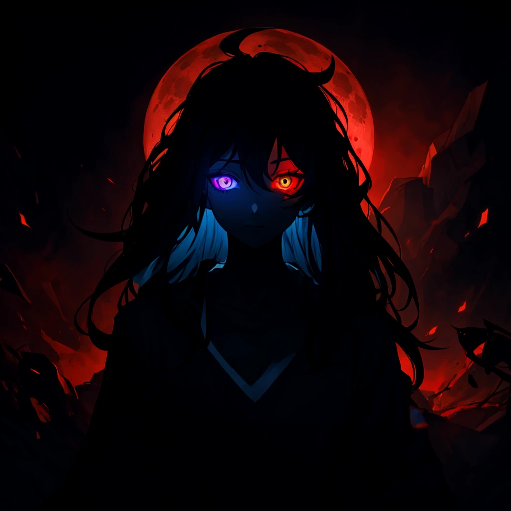 1boy, (stunning black long hair:1.2), male, heterochromia, (dark blue right eye:1.2), (red left eye: 1.2), (dark theme:1.3), (dark atmosphere:1.3), horror \(theme\), wild hair, glowing eyes, moon eyes