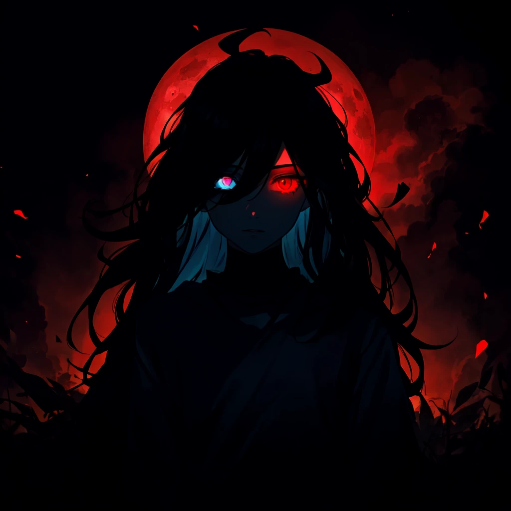 1boy, (stunning black long hair:1.2), male, heterochromia, (dark blue right eye:1.2), (red left eye: 1.2), (dark theme:1.3), (dark atmosphere:1.3), horror \(theme\), wild hair, glowing eyes, moon eyes