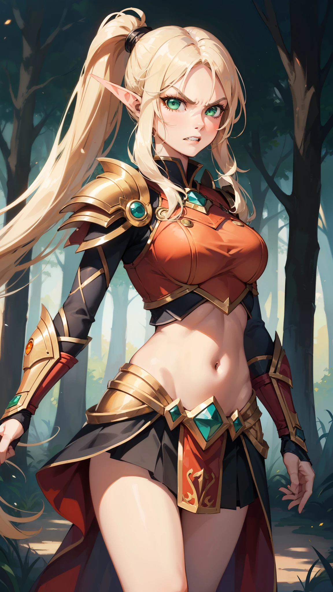 (1girl, absurdly long hair split ponytail, spiral eyes, angry ,clenched teeth) (digital) (standing), (Light Orange Forest background), (skirt)) , best quality, blonde hair, green eyes, glowing, armor, navel, bloodelf, 