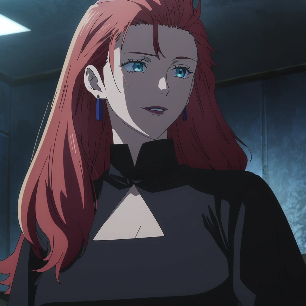 1girl, female gojo satoru, anime screencap from jujutsu kaisen, gojo satoru female version, solo, long_hair, ((Blue eyes)) ((Red_hair, hair over ear from one side))((slicked hair)) , night view, (hanging breasts) upper_body, smile, indoors, parted lips, (long hair) ((wearing black colour outfit, glossy)) breast, "very detailed and high resolution" (Blue eyes) ((solo)) (((front view))) (earings) ((high resolution)) ((good quality)) ((silky hair, hair over ear from one side))((hair slicked)) ((parted lips))