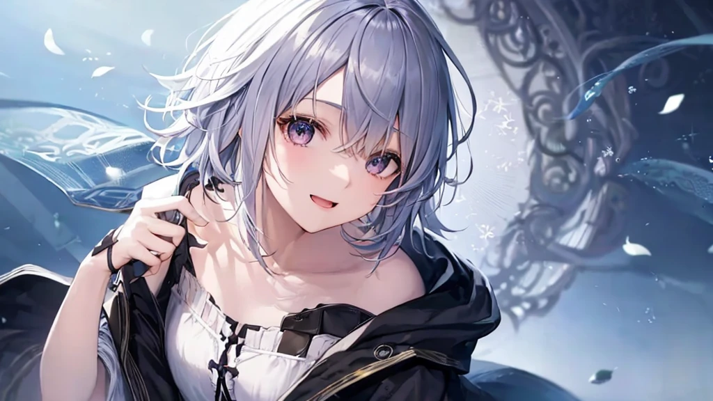 Ultra HD,Look at the viewers, Put your hands behind your back, With a girl, 20-year-old, 非常にShort Hair, Long bangs between the eyes, Pale blue eyes, Very detailed,(masterpiece、Highest quality),Gray Hair、Laughter、Fantastic, Silver Hair, Iris, Short hair、 Fluttering Hair、Small Face、明るいsmile、(Detailed face) ,Professional Lighting,Wonderful landscape,blue sky, sunlight,Looking down from above,Portraiture、Open your mouth、Flower Field、Her eyes were shining、Mysterious and enchanting atmosphere。With AI Painting、とてもShort Hair, Long bangs between the eyes, Very detailed,(masterpiece、Highest quality)、alone、Gray Hair、Fantasy, Silver Hair, Fantasyな風景、smile、Open your mouth、short hair、Short Hair、hairpin、black eye、Grey Eyes、Beautiful Eyes、Black Shirt、White hoodie