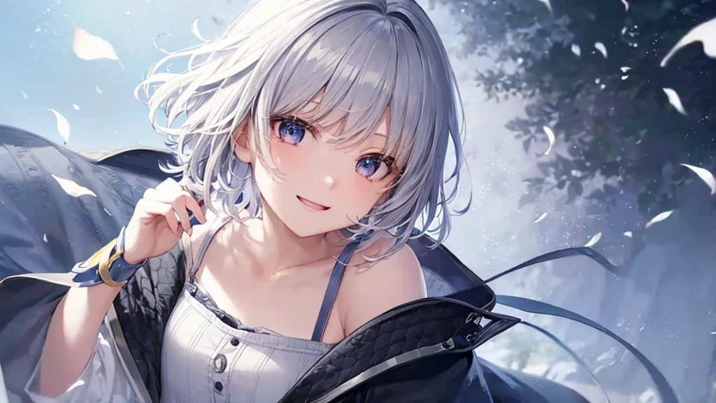 Ultra HD,Look at the viewers, Put your hands behind your back, With a girl, 20-year-old, 非常にShort Hair, Long bangs between the eyes, Pale blue eyes, Very detailed,(masterpiece、Highest quality),Gray Hair、Laughter、Fantastic, Silver Hair, Iris, Short hair、 Fluttering Hair、Small Face、明るいsmile、(Detailed face) ,Professional Lighting,Wonderful landscape,blue sky, sunlight,Looking down from above,Portraiture、Open your mouth、Flower Field、Her eyes were shining、Mysterious and enchanting atmosphere。With AI Painting、とてもShort Hair, Long bangs between the eyes, Very detailed,(masterpiece、Highest quality)、alone、Gray Hair、Fantasy, Silver Hair, Fantasyな風景、smile、Open your mouth、short hair、Short Hair、hairpin、black eye、Grey Eyes、Beautiful Eyes、Black Shirt、White hoodie