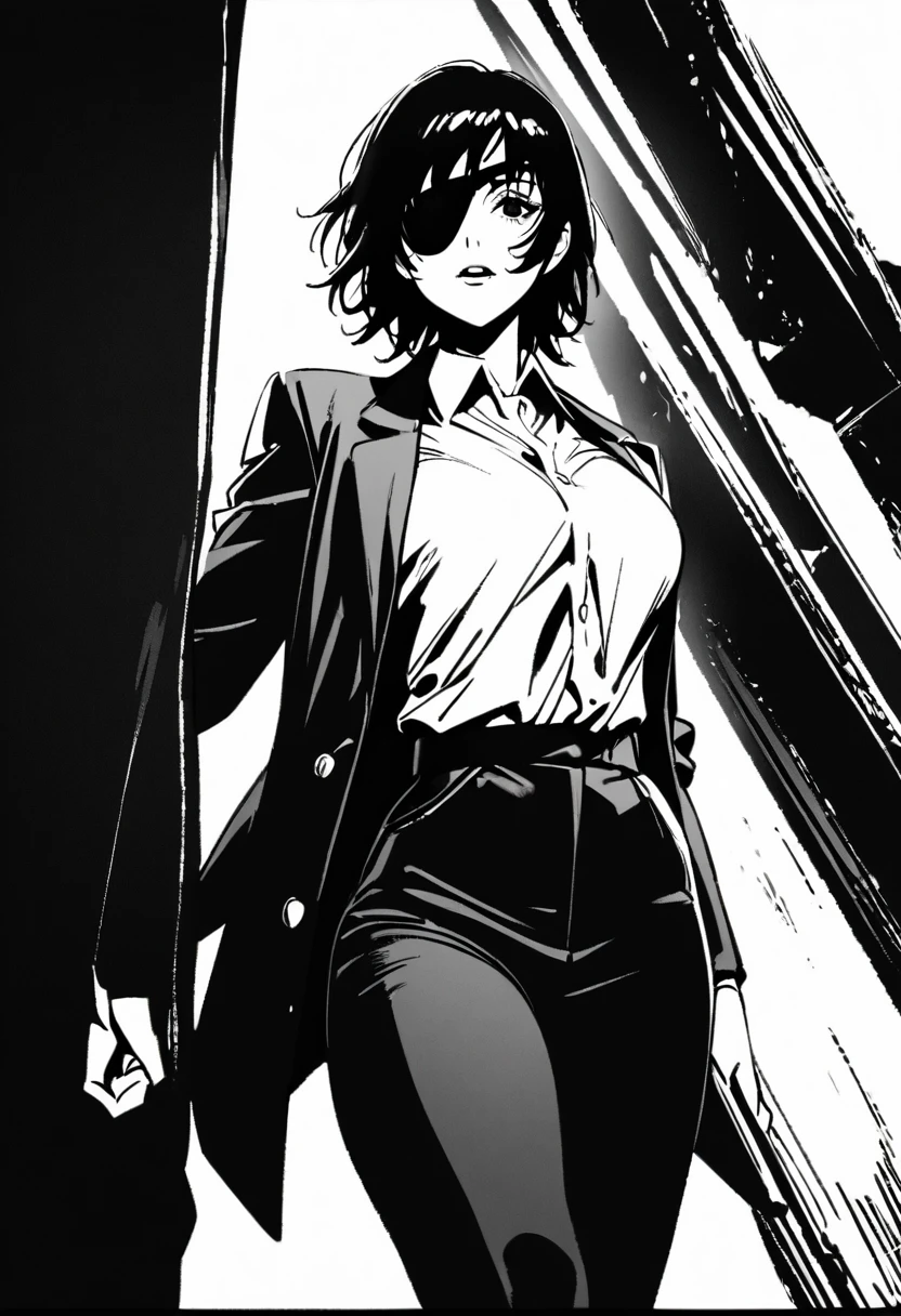 1girl, himeno \(chainsaw man\), chainsaw man,  black eye patch,Smoking cigarettes.holding a cigarette,monochrome, high contrast, film noir style,masterpiece, best quality, absurdres,