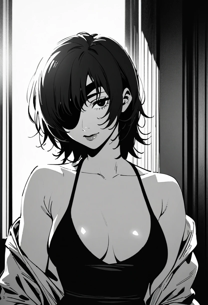 1girl, himeno \(chainsaw man\), chainsaw man,  black eye patch,monochrome, high contrast, film noir style,masterpiece, best quality, absurdres,