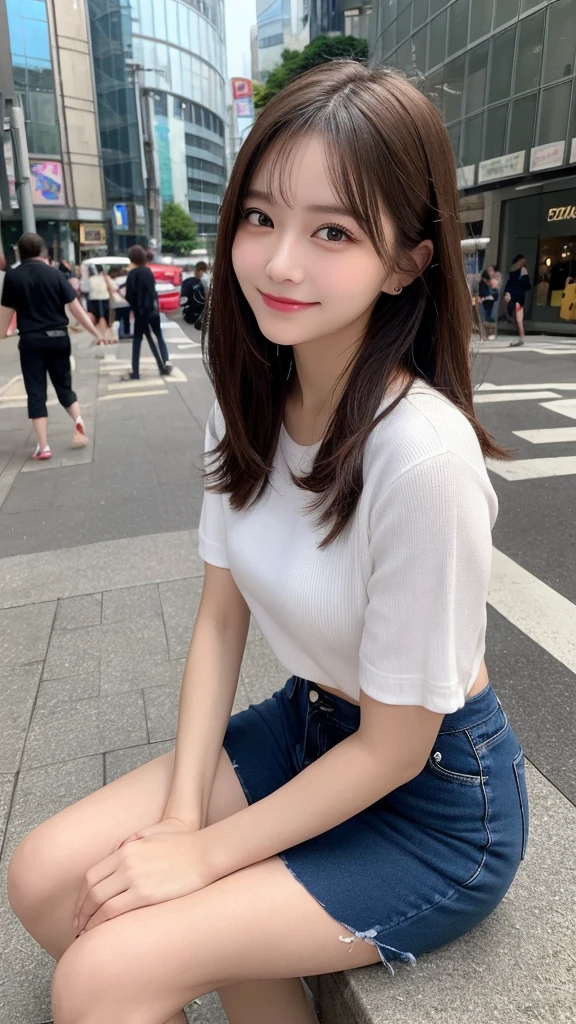 Highest quality, Very detailed, finely, High resolution, 8k wallpaper, Perfect dynamic composition, Beautiful and exquisite,ランダムなcute髪,,Natural color lip, Bold sexy pose,smile、20-year-old girl、cute、Looking into the camera,,Perfect and beautiful face,Slim face and figure,Beautiful thighs, Beautiful feet、Big eyes、Gal Makeup,Small face,Shooting from below、smile,,Elegant feminine face、Randomly change the shooting angle and position、smile、Top to bottom々Shoot from the right angle and direction、Sexy Face、Standing in the streets of Shibuya、Shorts