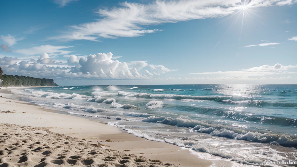 "Une plage de sable blanc immaculé bordée d'arbre de cocotiers se balançant doucement dans la brise. L'eau turquoise cristalline scintille sous le soleil éclatant, reflétant un ciel sans nuages d'un bleu profond. une très belle ile au loin
