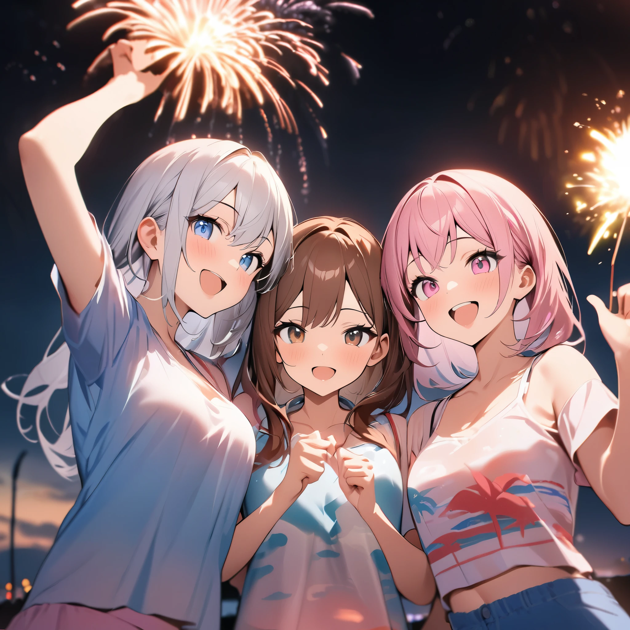 Highest quality, masterpiece, Three Girls,Brown Hair,Brown eyes,Double exposure,Silver Hair,,Long Hair,Blue eyes,Pink Hair,Pink eyes, The best smile, Doing fireworks,summer