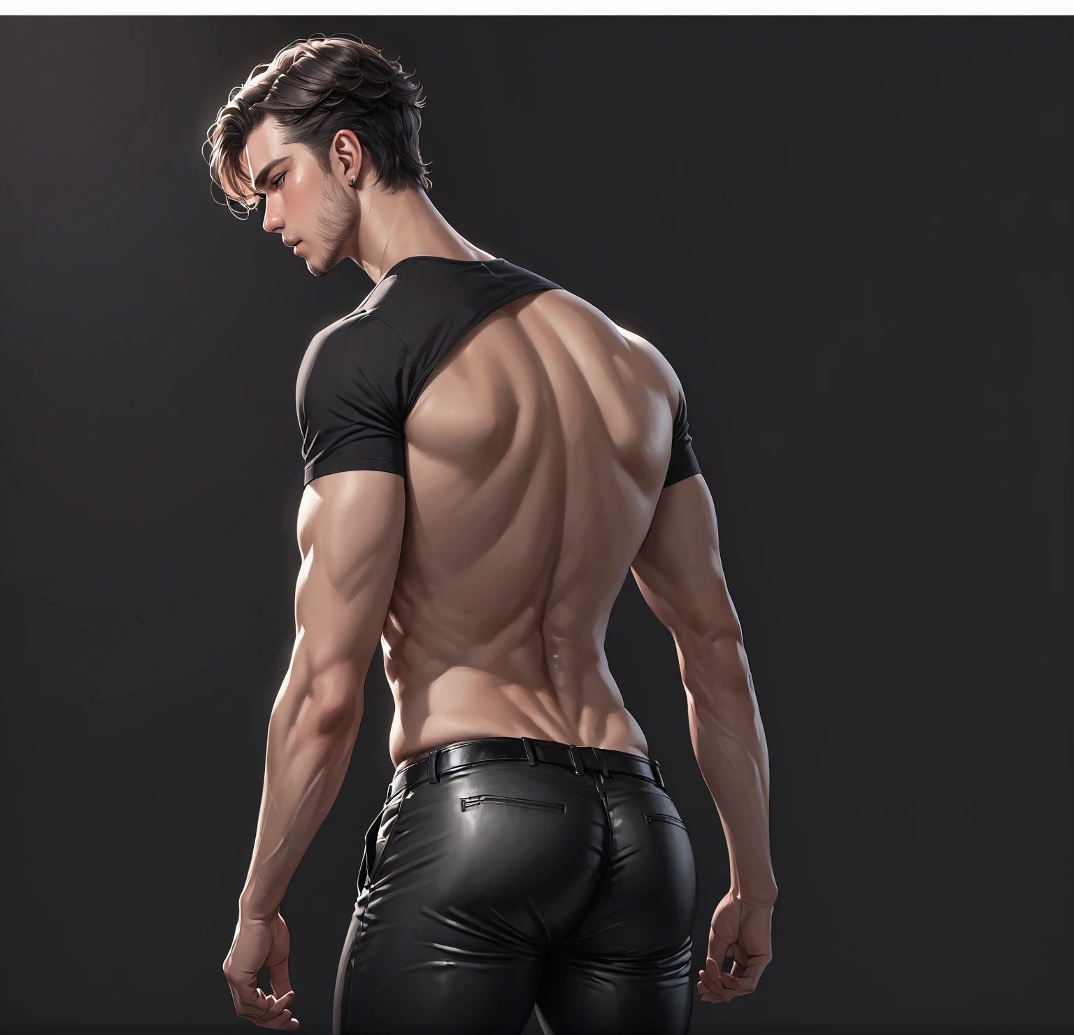 solo,black background,1 boy,arse,male accent,black trousers,bare back,arse accent,realistic