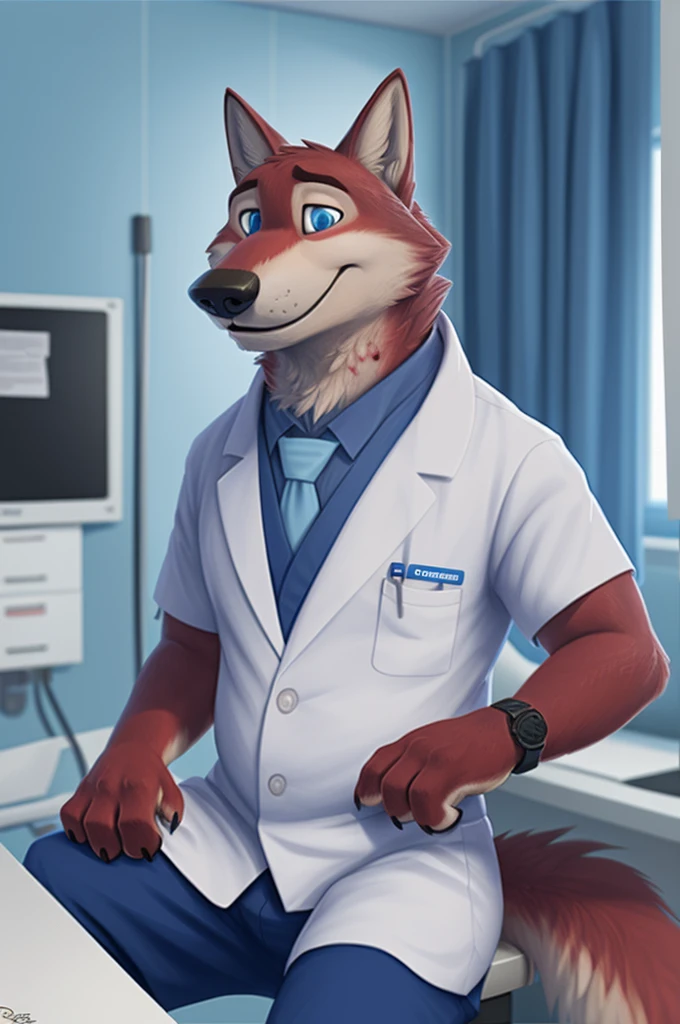 Joachim Wolfbach (Zootopia),tall handsome, wolf,young, 24 years, brown fur,(red body:1.3),Blue eyes, Moscow Dressed, in a medical gown, trousers, shirt, tie, green stethoscope, cardiac surgeon,canine, wolf, detailed fur, Male, antro, paw pads, finger claws,Prays, at viewer, 5 fingers, paws, 5 fingers, smile, happy, sitting in the office , wrist watch,green stethoscope, т nextel, sitting at home in the blood laboratory, by xenoforge, (difficult, high detail, digital, photo, soft focus, RAW, dct doctor, hospital, Kids toys, expecting children, 13 детская hospital,
photorealism, realistic, photorealistic, analog style, subsurface scattering, blood laboratory, draws blood from a finger,
masterpiece, Best quality, ultra realistic, 8 K)