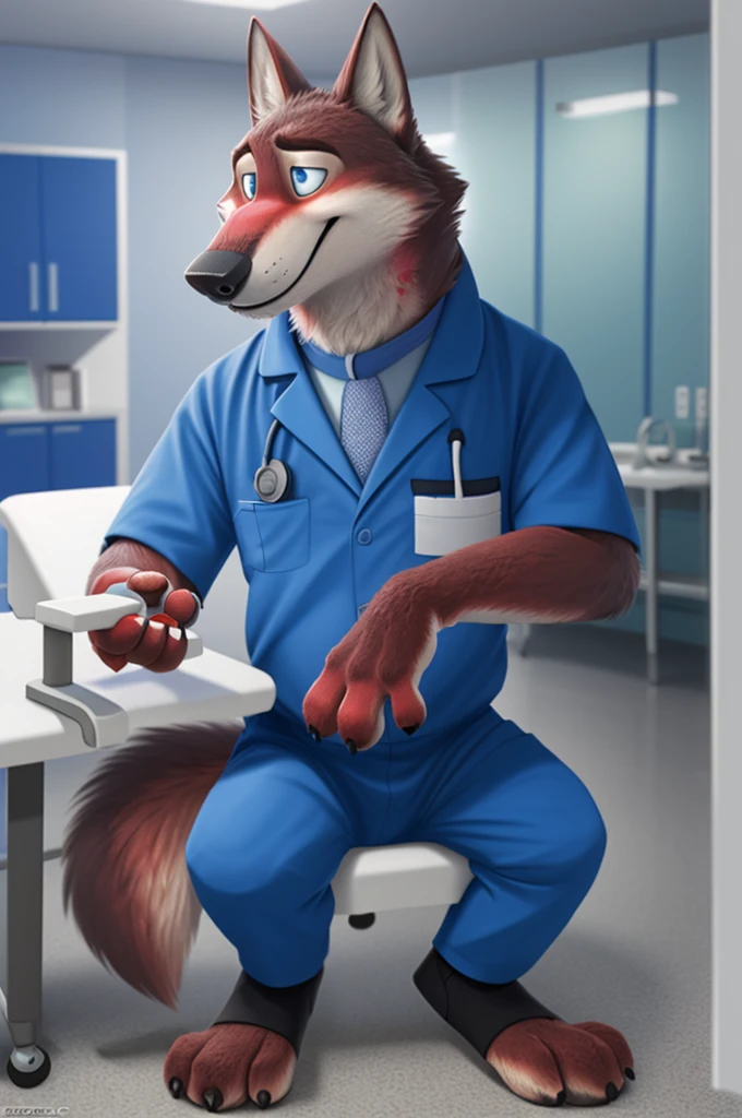 Joachim Wolfbach (Zootopia),tall handsome, wolf,young, 24 years, brown fur,(red body:1.3),Blue eyes, Moscow Dressed, in a medical gown, trousers, shirt, tie, green stethoscope, cardiac surgeon,canine, wolf, detailed fur, Male, antro, paw pads, finger claws,Prays, at viewer, 5 fingers, paws, 5 fingers, smile, happy, sitting in the office , wrist watch,green stethoscope, т nextel, sitting at home in the blood laboratory, by xenoforge, (difficult, high detail, digital, photo, soft focus, RAW, dct doctor, hospital, Kids toys, expecting children, 13 детская hospital,
photorealism, realistic, photorealistic, analog style, subsurface scattering, blood laboratory, draws blood from a finger,
masterpiece, Best quality, ultra realistic, 8 K)