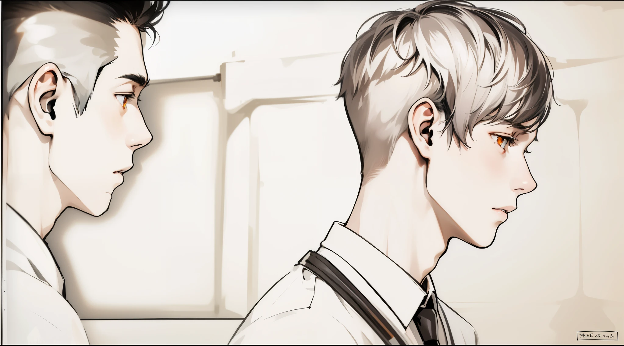 two young men of 18 years walk sad worried thoughtful through high school gray hair orange eyes