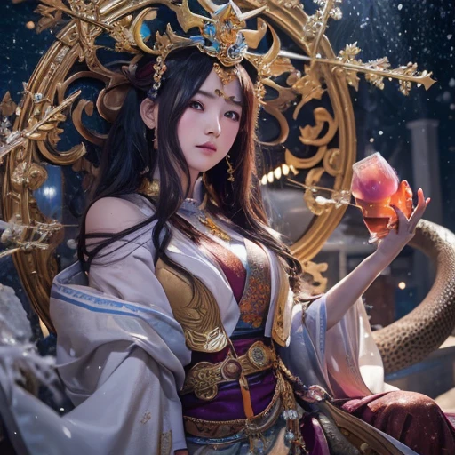 Amaterasu Omikami(Amaterasu Oomikami):
She is the sun goddess、One of the most important gods。Its beauty is likened to the shining sun.(masterpiece,Kilo,Hyper HD,32K)Purple pink flowing hair,Gold jewelry area in the back room,King Girl ,Rusted Copper Dragon Guardian (Realistically:1.4),Python print robe,Purple Pink Tiara,Flying snowflakes,The background is pure,Hold your head high,I am proud,The nostrils see the person, High resolution, detailed, RAW Photos, sharp, Nikon D850 film stock photo by Jefferies Lee 4 Kodak Portra 400 camera F1.6 shots, Rich colors, Ultra-realistic vivid textures, Dramatic lighting, Unreal Engine Art Station Trends, Cinestia 800,Hold your head high,I am proud,The nostrils see the person,Tsundere,Flying snowflakes,Flying snowflakes,Flying snowflakes,Flying snowflakes,perfection,( Streamlined Design, Clear lines, High sharpness,Highest quality, Very detailed, masterpiece, Official Art, Cinematic Lighting Effects, 4K )