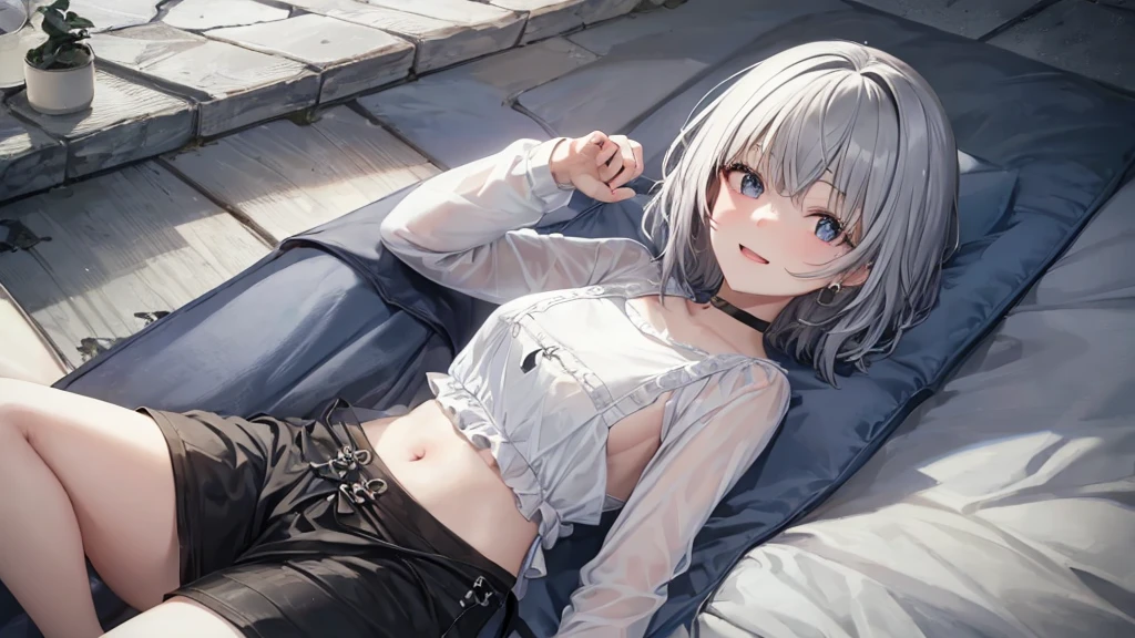 Ultra HD,Look at the viewers, Put your hands behind your back, With a girl, 20-year-old, 非常にShort Hair, Long bangs between the eyes, Pale blue eyes, Very detailed,(masterpiece、Highest quality),Gray Hair、Laughter、Fantastic, Silver Hair, Iris, Short hair、 Fluttering Hair、Small Face、明るいsmile、(Detailed face) ,Professional Lighting,Wonderful landscape,blue sky, sunlight,Looking down from above,Portraiture、Open your mouth、Flower Field、Her eyes were shining、Mysterious and enchanting atmosphere。With AI Painting、とてもShort Hair, Long bangs between the eyes, Very detailed,(masterpiece、Highest quality)、alone、Gray Hair、Fantasy, Silver Hair, Fantasyな風景、smile、Open your mouth、short hair、Short Hair、hairpin、black eye、Grey Eyes、Beautiful Eyes、Black Shirt、White hoodie