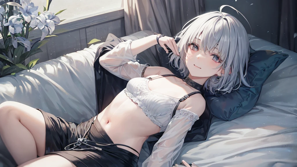 Ultra HD,Look at the viewers, Put your hands behind your back, With a girl, 20-year-old, 非常にShort Hair, Long bangs between the eyes, Pale blue eyes, Very detailed,(masterpiece、Highest quality),Gray Hair、Laughter、Fantastic, Silver Hair, Iris, Short hair、 Fluttering Hair、Small Face、明るいsmile、(Detailed face) ,Professional Lighting,Wonderful landscape,blue sky, sunlight,Looking down from above,Portraiture、Open your mouth、Flower Field、Her eyes were shining、Mysterious and enchanting atmosphere。With AI Painting、とてもShort Hair, Long bangs between the eyes, Very detailed,(masterpiece、Highest quality)、alone、Gray Hair、Fantasy, Silver Hair, Fantasyな風景、smile、Open your mouth、short hair、Short Hair、hairpin、black eye、Grey Eyes、Beautiful Eyes、Black Shirt、White hoodie