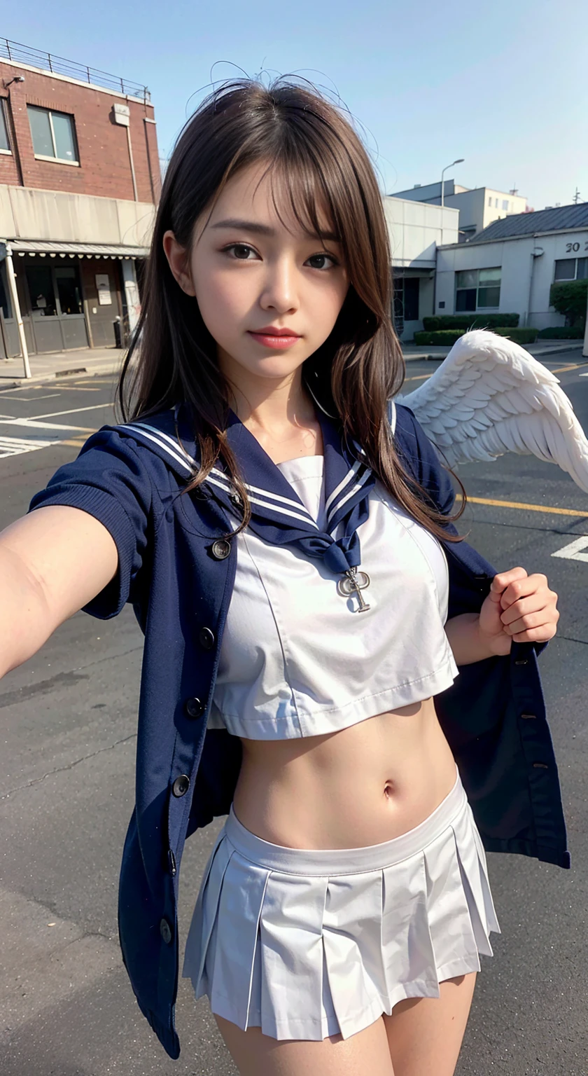 (best quality, 8k, 32K, table top, nffsw:1.2), (original photo), (realistic), (realistic:1.2), (high resolution), giant file size, very detailed, very beautiful face & eye, 1 girl, (~to, :1.2), junior, round small face, thin waist, giant, slender proportions, (Japanese sailor suit, sailor fuku, angel, Japanese school sailor uniform, darkblue pleated skirt:1.27), (밑to서부터, white thong, groin:1.24、the wind turns the skirt、Panties and butt exposed), Rooftops of the City of Dawn,