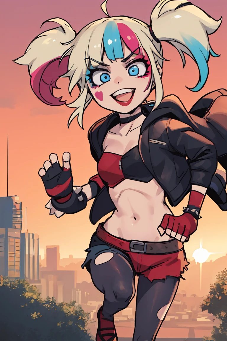 (masterpiece, best quality:1.2), solo, 1girl, isekaiharley, smile, looking at viewer, running, twintails, v-shaped eyebrows, two-tone jacket, crop top, short shorts, torn pantyhose, fingerless gloves, choker, spiked bracelet, cityscape scenery, running, sunset,anime 