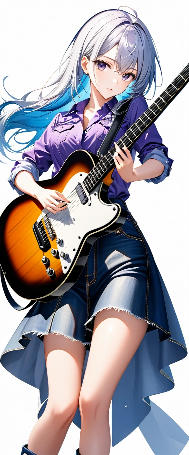 (((White background:1.5)))、(((A strong gaze on the guitar:1.5))),(The subject and guitar are in full view),(((Composition from afar:1.5))),(((full body:1.2)))、(very wide shot)、(masterpiece、Ultra HD、Highest quality、Masterpiece、4K:1.2)、Slender body、Scandinavian metal girl playing a white electric guitar, (((A strong gaze on the guitar:1.5))), Intricate details, Highly detailed eyes, Highly detailed fingers、(Purple shirt and blue jeans) 、Long silver hair、Wear black boots、(((Dynamic and lively pose:1.5)))、Perfect Style、8Head to Body、Playing guitar on stage、Live