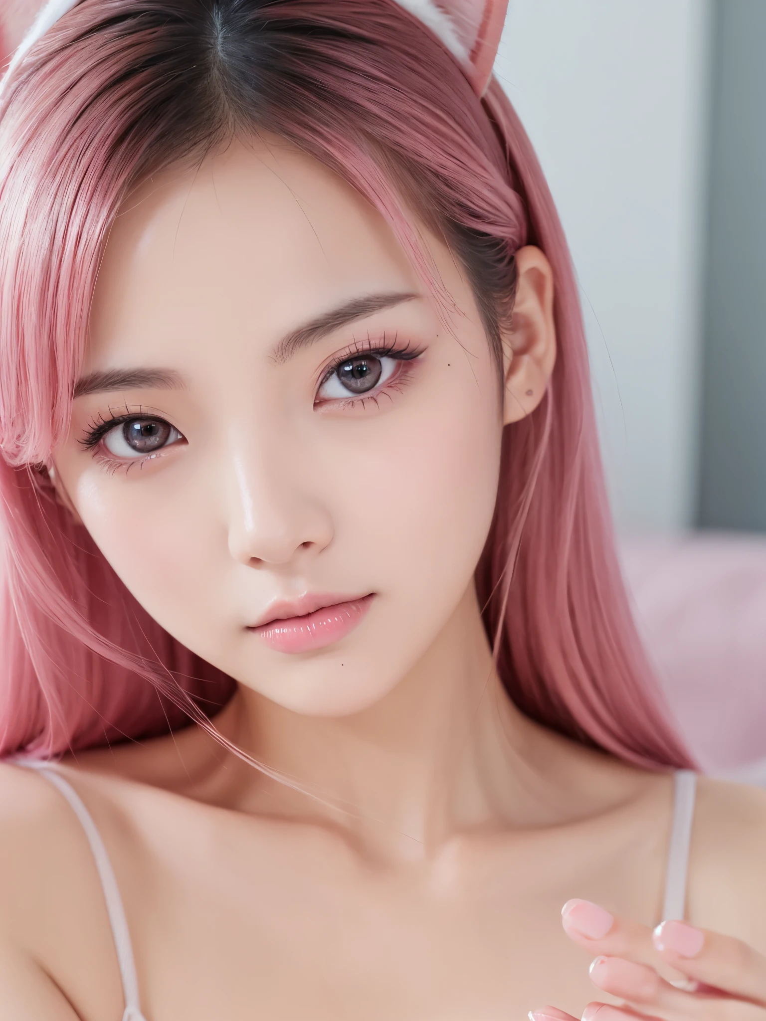 A lovely and sweet Chinese woman, Delicate and sexy collarbone, Attractive goose face, double eyelid, Clever pink eyes, Pink Lips, small, upturned nose, Exposing shoulders, Concentrated face, Face close-up, Ultra HD, Super Detail, Full body photo, Ultra-thin transparency, Pink Hair、Optimal ratio、Four fingers and a thumb, Cat ear、nude