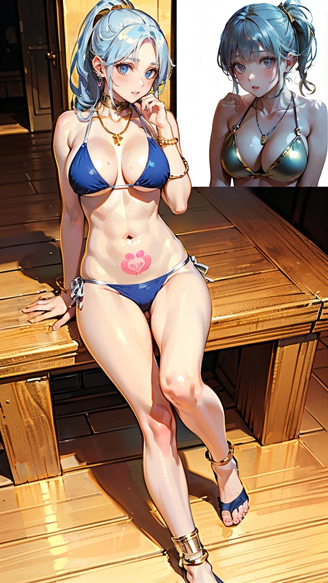 (masterpiece, Highest quality:1.3), (Very detailed:1.2),(独奏:1.8),(Realistic:1.3), (RAW Photos:1.2), (Embarrassed expression:1.8)、High resolution raw color photos,、False eyelashes、lipstick、Focus on the whole body、Professional photos、 (PhotoRealistic:1.0), (Realistic:1.1), Professional Lighting, Perfect Anatomy, (Large Breasts:1.2)、 (blue eyes:1.2)、(Detailed face),、(Smiling expression:1.5)、(Golden Hair:1.5)、tattoo、Very long hair、Brown Skin、Sunburn、(ponytail)、 necklace、 bracelet、 (Random sexy gravure poses), (beautiful woman in silver bikini:1.4)、(Simple silver anklets to adorn your feet.。: 1.3)