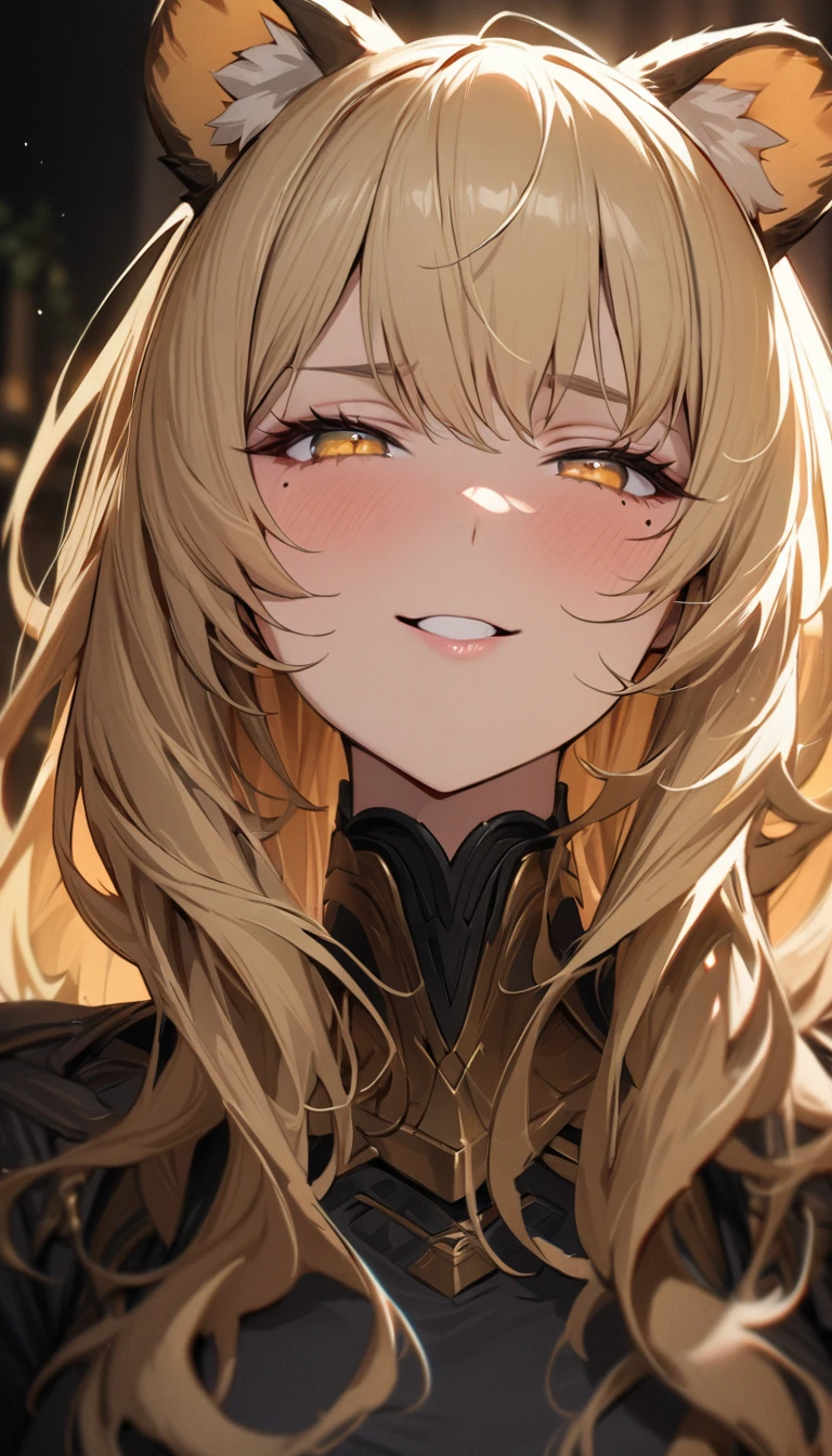 1girl、(((best quality)), ((masterpiece)), (details), masterpiece, best quality, high quality, ulutra detailed, perfect face, ((1girl, blond eyes, tiger ears: 1.3 blond long hair: 2.5,Mole under left eye:2.0))、Shiny Hair、Glowing Skin、Happy face、Lustful look、