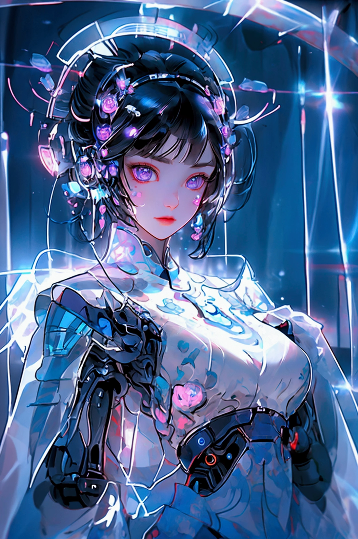 highest quality、master piece、超A high resolution、(Photoreal:1.4)、Raw photo、Combat Robot Angel、white porcelain body、Acrylic transparent cover、white hair、glowing skin、1 cyborg girl、((Ultra realistic details))、porate、global illumination、Black Shadow、octane rendering、8K、super sharp、character edge light,Huge 、Bare skin exposed between the breasts、side boo boo, Underboo Boo, The lower abdomen is exposed, thin pubic hair, intricate decorative details、Gothic Lolita details、hydraulic cylinder、Small LED Light、very intricate details、realistic light、purple eyes、shining eyes、towards the camera、neon light details、cowboy shot、futuristic headgear、About the Floor Plan《cyberpunk characters》、、