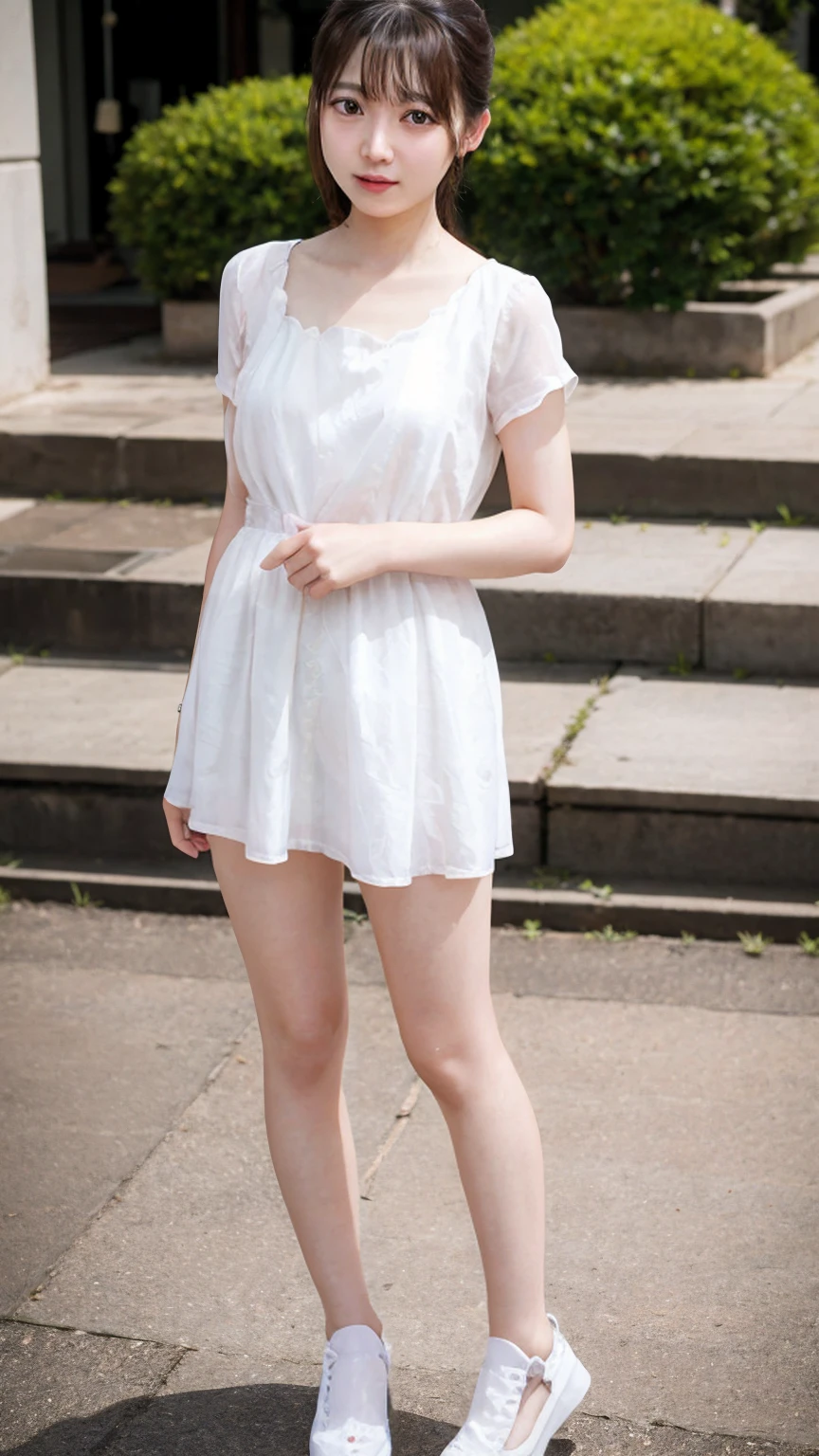 A beautiful girl with a super cute face and a tsundere personality、The highest standard of ultra-high definition full-body photos、(Small face)、No makeup、Sexy lips、Chignon hairstyle、A girl's shirt that lets you see her underwear、Gingham check pleated skirt、bust90CM、Waist47CM、Hip86CM、Cherry tree behind the school building
