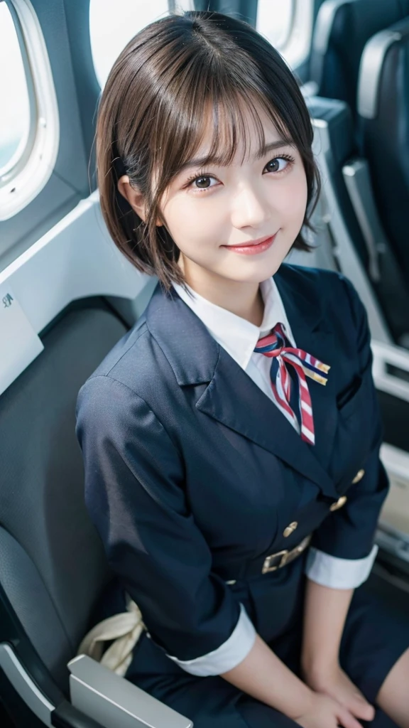 (highest quality,masterpiece:1.3,ultra high resolution),(Super detailed,caustics,8k),(photorealistic:1.4,RAW shooting),25 years old,Japanese,cute,stewardess uniform,black short hair,tights,(smile and look down at the camera),(big ),(Are standing),inside the plane,(Low - Angle:1.2),(face focus),(face close up:1.1),Natural light