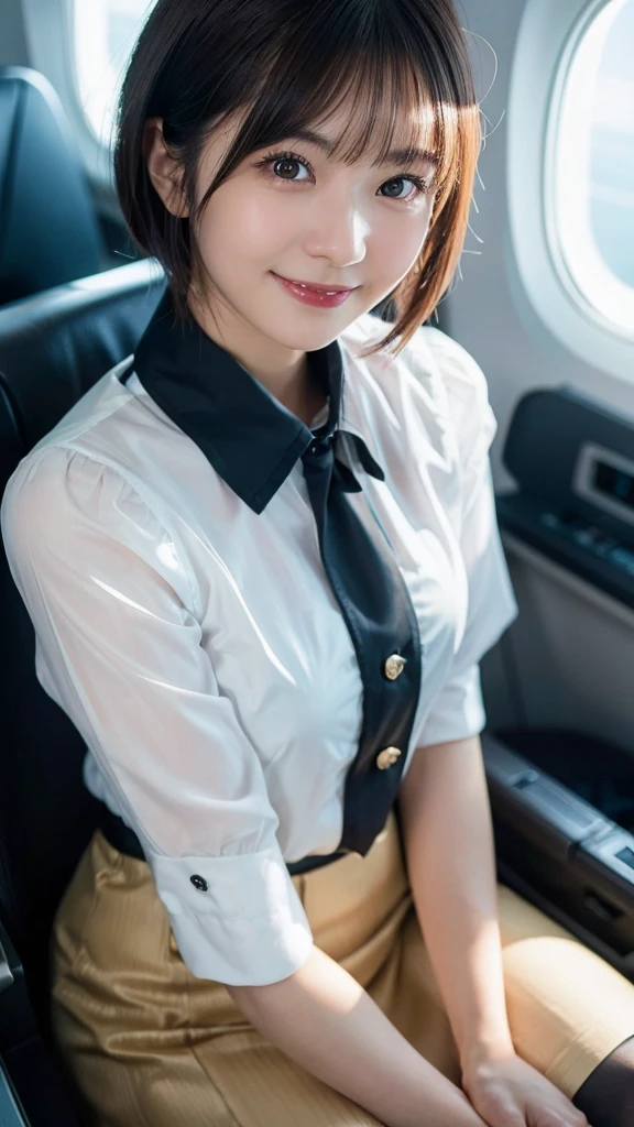 (highest quality,masterpiece:1.3,ultra high resolution),(Super detailed,caustics,8k),(photorealistic:1.4,RAW shooting),25 years old,Japanese,cute,stewardess uniform,black short hair,tights,(smile and look down at the camera),(big ),(Are standing),inside the plane,(Low - Angle:1.2),(face focus),(face close up:1.1),Natural light