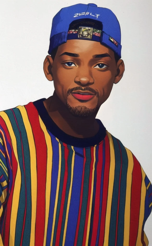 sharp man with a colorful shirt and a blue hat, Will Smith, Will Smith portrait, wearing a colorful coogi sweater, Will Smith anime style, 90s hip-hop fashion, Will Smith slapping chris rock, 90s style, Foto colorida dos anos 90, from the hit 90s TV show, 90s vibe