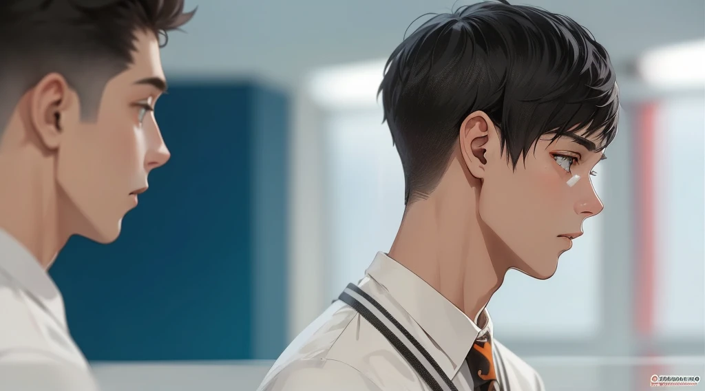 two young men of 18 years walk sad worried thoughtful through high school gray hair orange eyes
