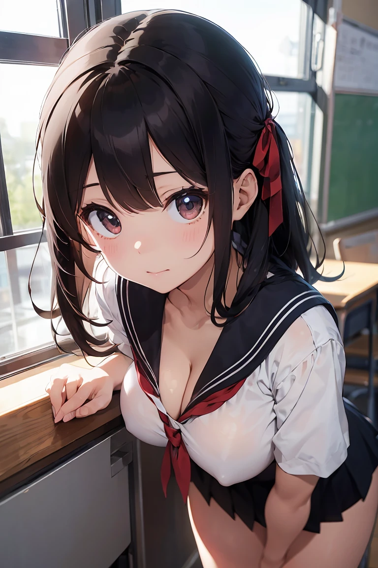A view from a little side and below、Embarrassing、Big Breasts,、Sailor suit、nude,Black Hair、きれいな青いHair Ribbon 、Beautiful girls、sunny、Leaning forward、Leaning forward to highlight cleavage、A cute looking girl、Black Hair、Medium Hair、Hair Ribbon、classroom、Her cleavage is visible through the gaps in her clothes